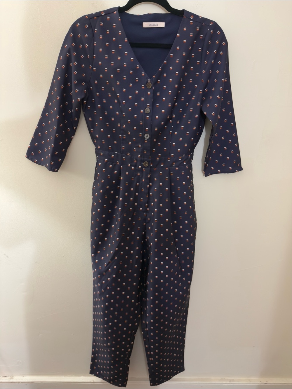 Vintage 80s Antoinette Navy Printed Button-Front Jumpsuit 3/4 Sleeves | Sz Small